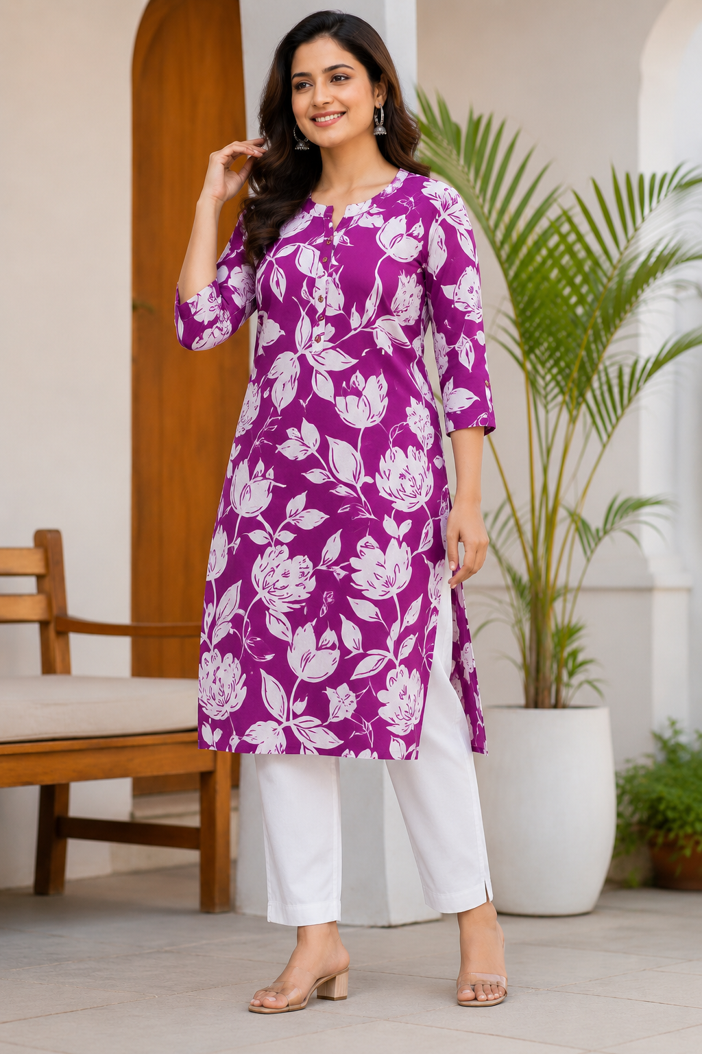 purple floral printed blended cotton kurti (top only) purple floral printed blended cotton kurti (top only)